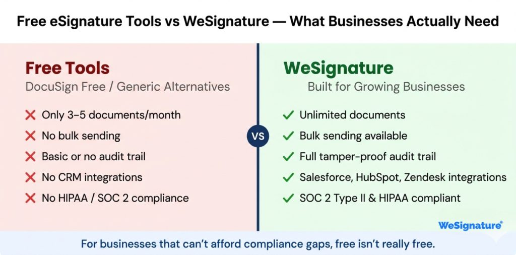 free electronic signature tools vs WeSignature paid plans Comparison chart showing limitations of free electronic signature tools vs WeSignature paid plans for business use